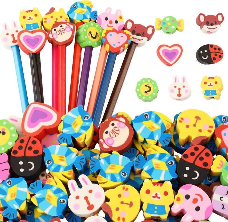 Wolpark 28Pcs Pencil Top Erasers for Kids Cute Randow Eraser Caps Pencil Top Erasers Bulk Erasers Toppers for School Party Favors Back to School Supplies (Pattern Random) - Image 1
